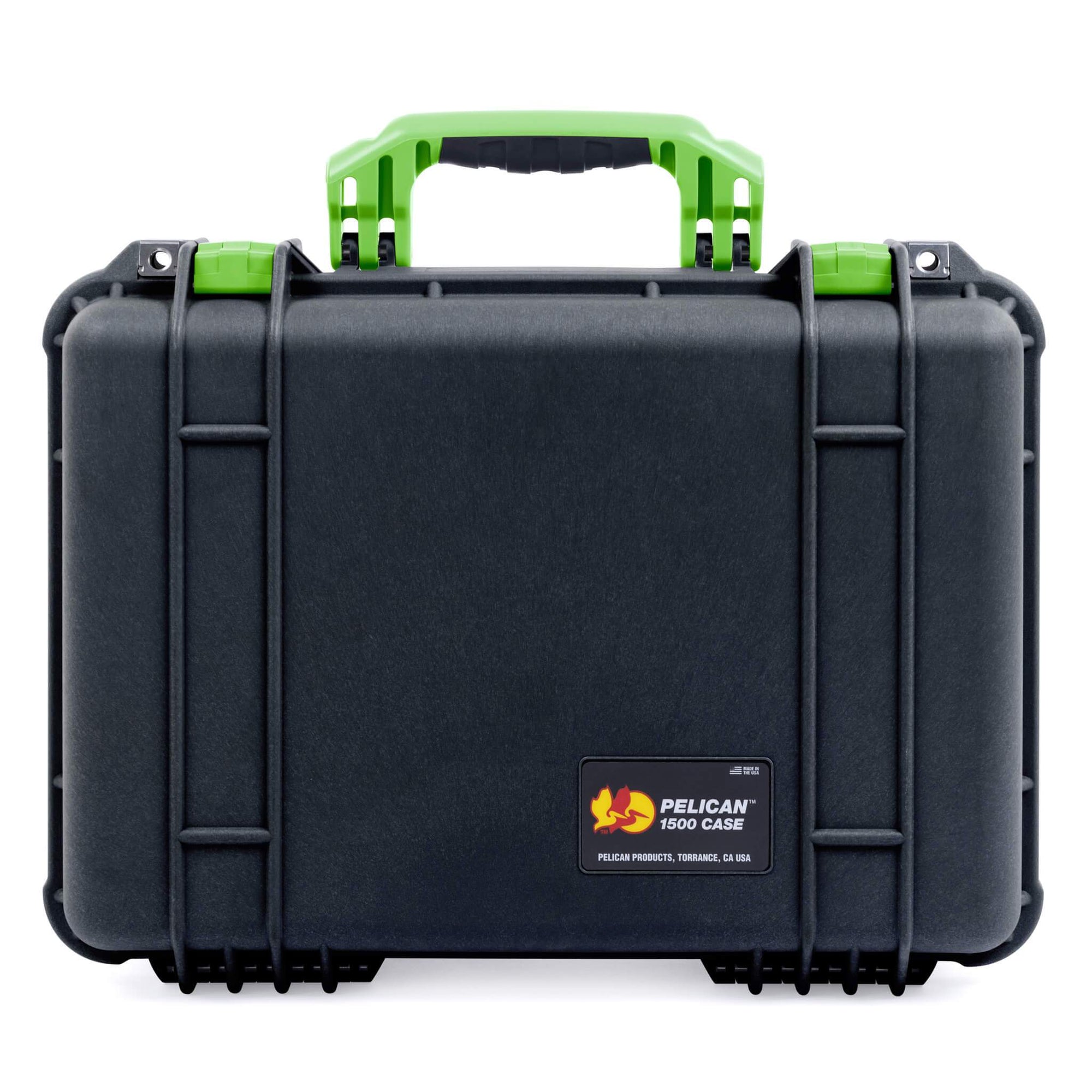 Pelican 1500 Case, Black with Lime Green Handle & Latches ColorCase 