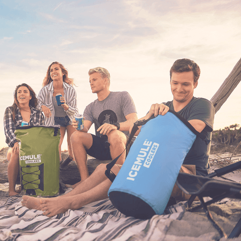 Group of friends using and enjoying ICEMULE Pro Large on the beach
